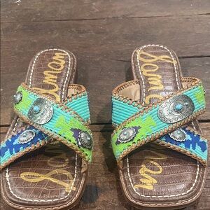 Colorful Embroidered Sandals with Silver Accents.
Size 9.5 by Sam Edelman .